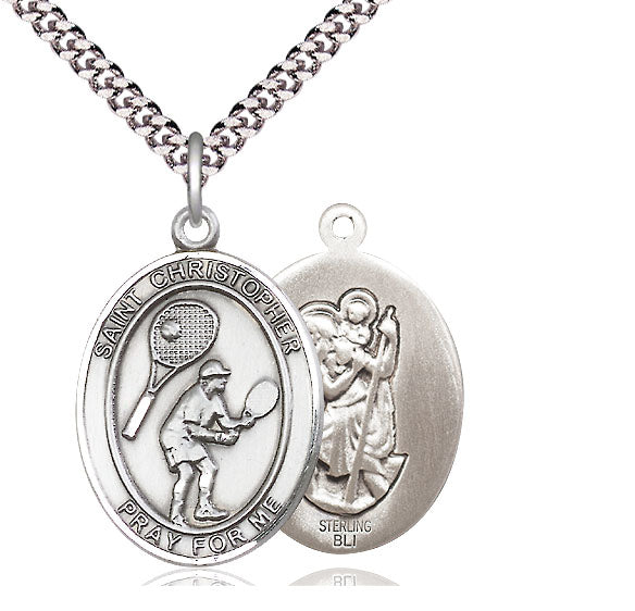 Tennis / St. Christopher Medal, Sterling Silver, 3/4", Your Choice of Chain, # 8030