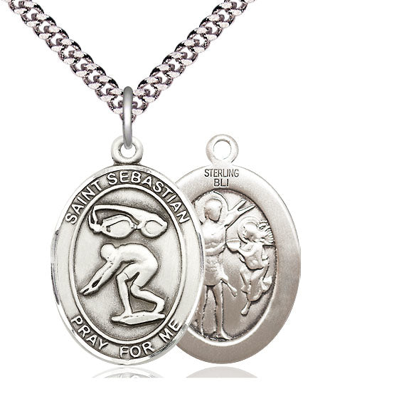 Swimming / St. Sebastian Medal, Sterling Silver, 3/4", Your Choice of Chain, # 8066