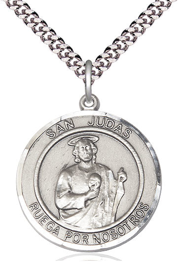 San Judas Spanish Medal, Sterling Silver, 3/4" Round, Your Choice of Chain, # 8116