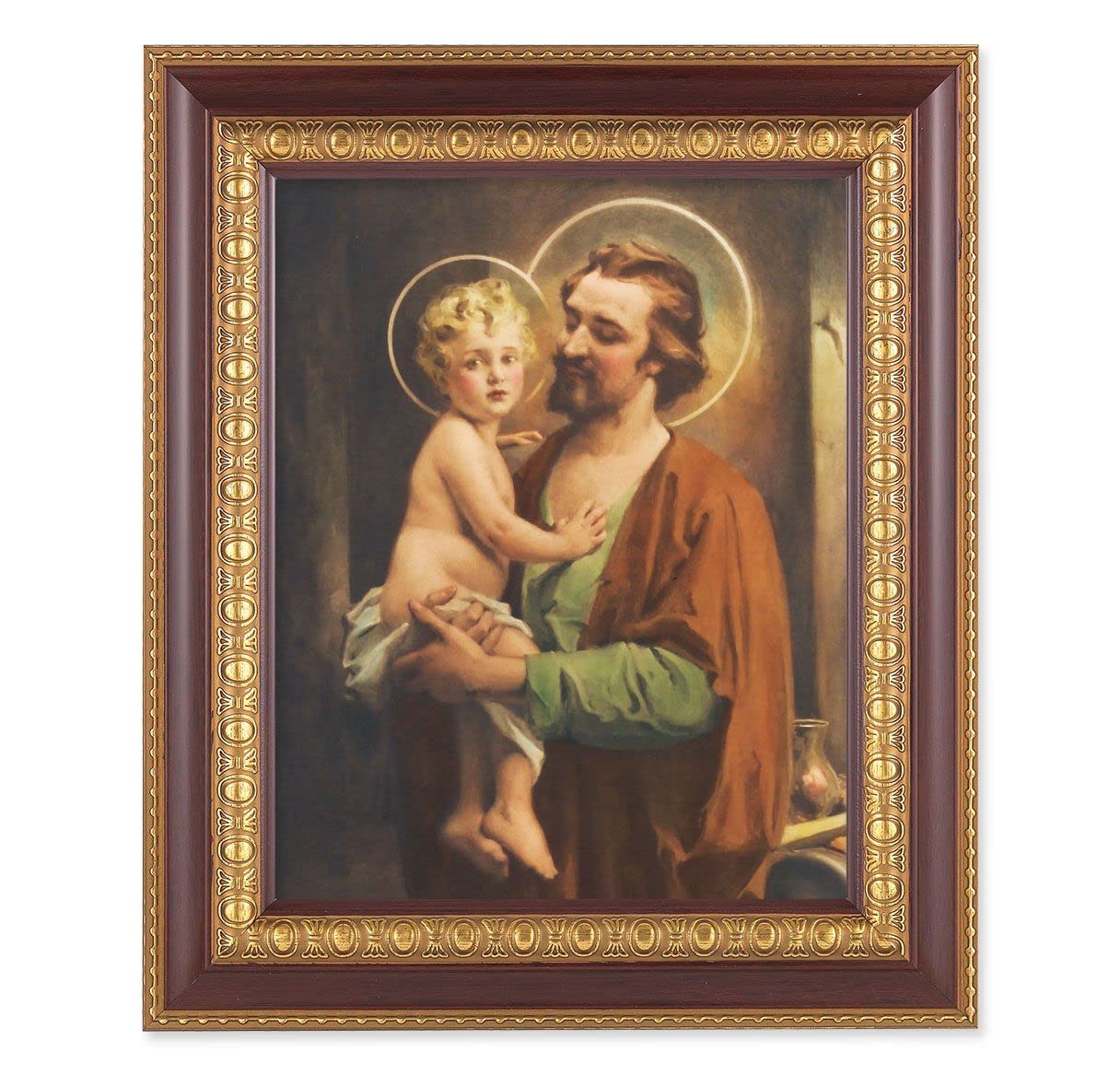 Chambers: St. Joseph & Child Jesus, 11-1/2"x13-1/2, Cherry Finish with Gold Egg & Dart Frame, Italian Print Under Glass # 26127