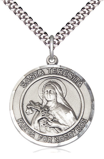 Santa Teresita Spanish Medal, Sterling Silver, 1" Round, Your Choice of Chain, # 8179