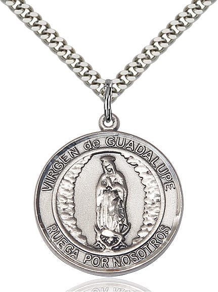 Virgen de Guadalupe Spanish Medal, Sterling Silver, 1" Round, Your Choice of Chain, # 8220