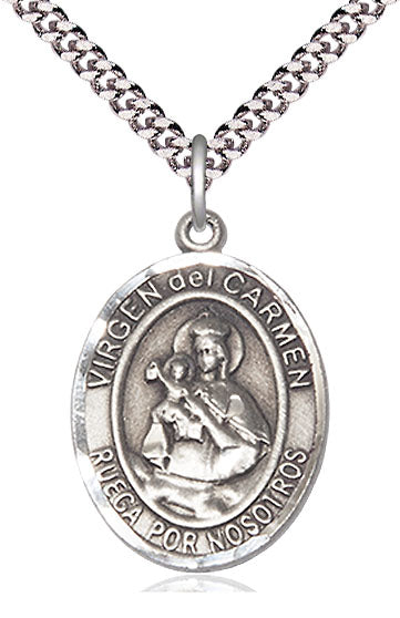 Virgen del Carmen Spanish Medal, Fine Pewter, 3/4" Oval, Your Choice of Chain, # 17654
