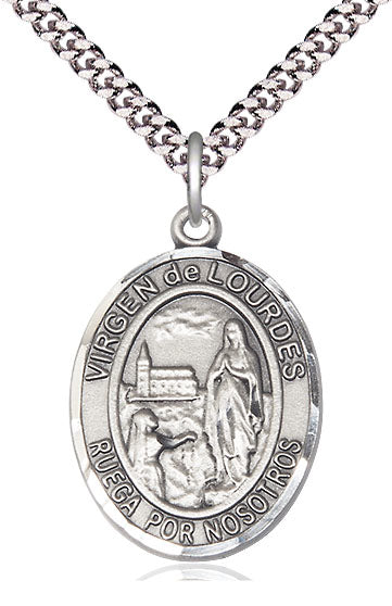 Virgen de Lourdes Spanish Medal, Sterling Silver, 3/4" Oval, Your Choice of Chain, # 8225