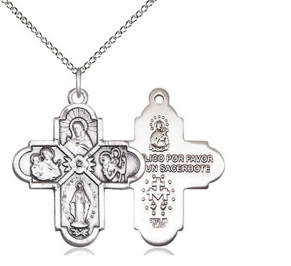 4-Way Spanish Medal, Sterling Silver, 15/16", Your Choice of Chain, # 8270