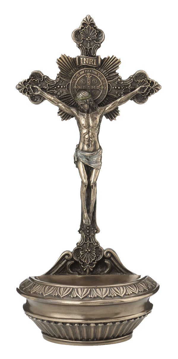 9.5" St. Benedict Crucifix Holy Water Font, Cold Cast Bronze, # 8286-sale