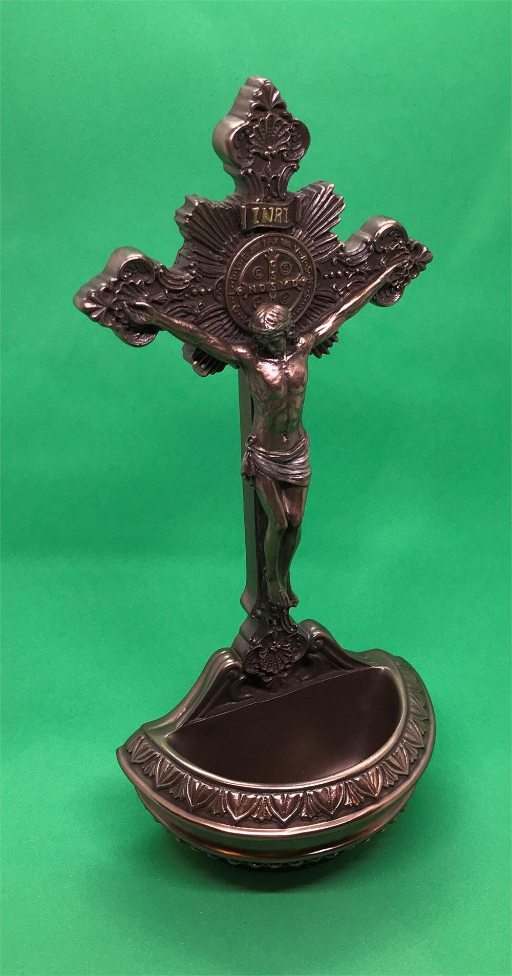 9.5" St. Benedict Crucifix Holy Water Font, Cold Cast Bronze, # 8286|||9.5" St. Benedict Crucifix Holy Water Font, Cold Cast Bronze, # 8286