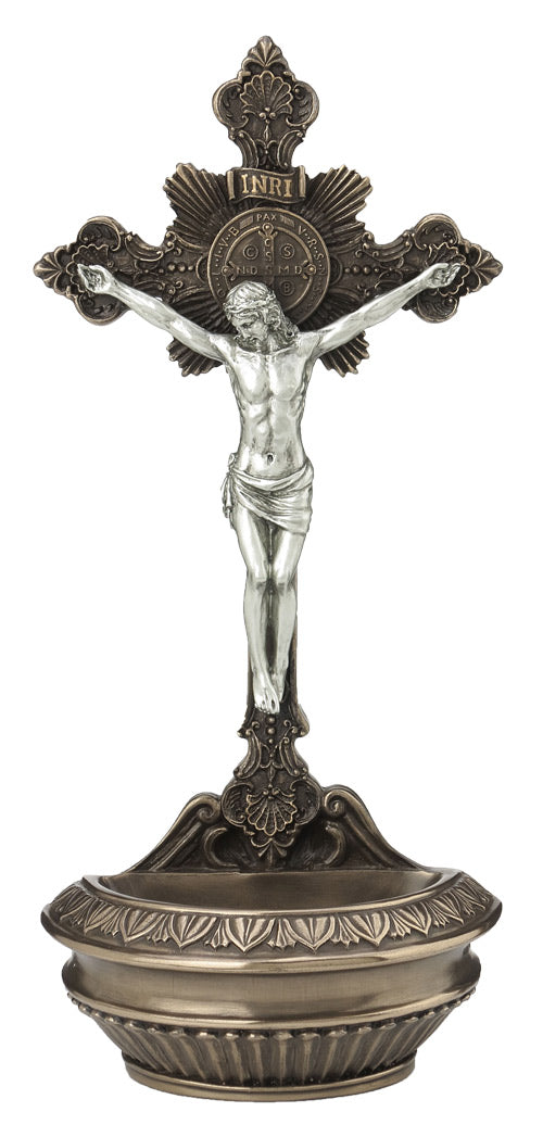 9.5" St. Benedict Crucifix Holy Water Font, Cold Cast Bronze with Pewter Finish, # 8288