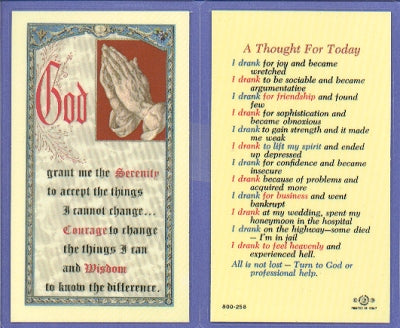 Thought For Today Laminated Holy Card, - Alcoholism, # 59033