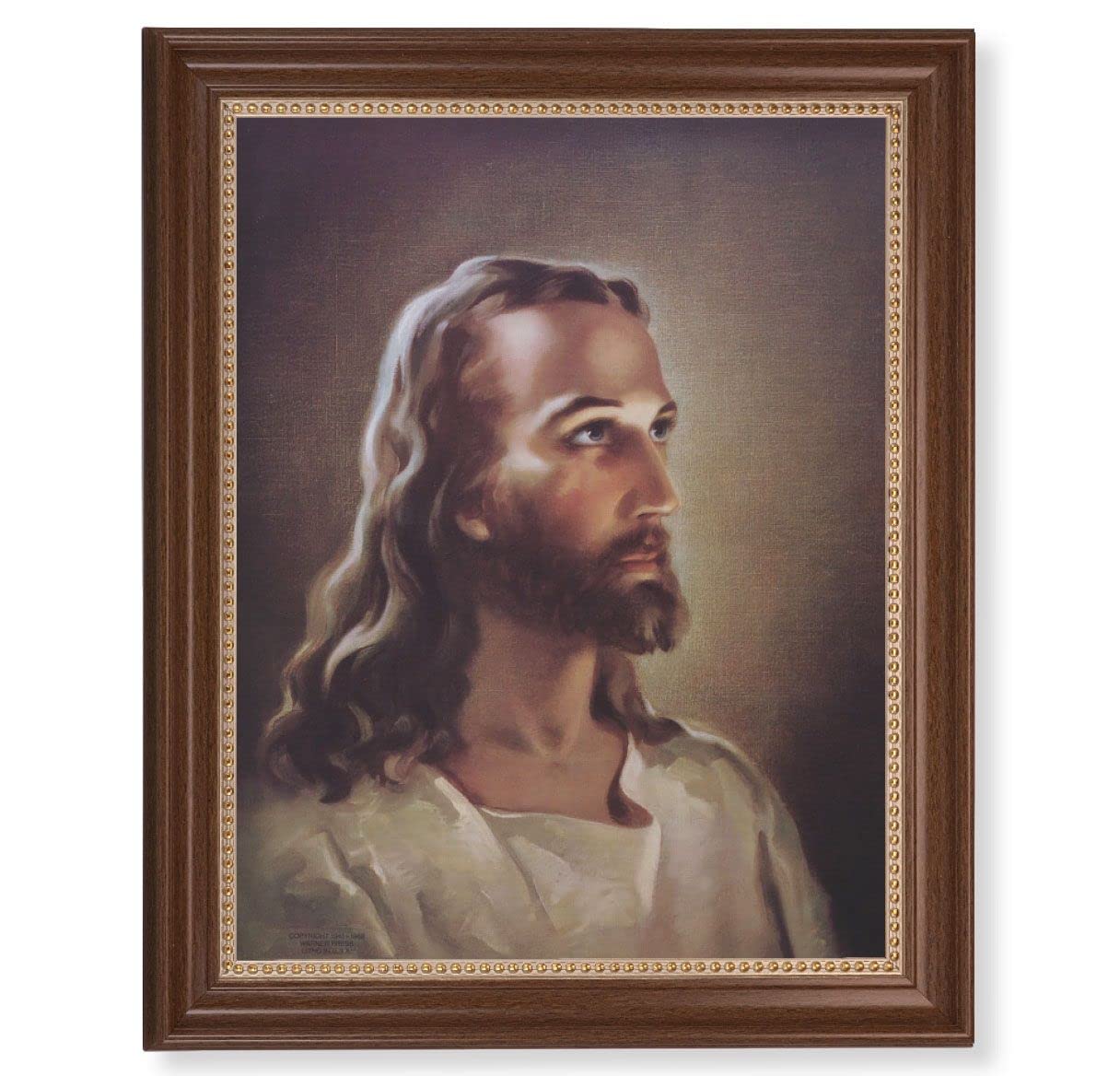 Sallman: Head of Christ Picture, 13-1/2"x16-9/16 Walnut Finish Frame with Gold Beaded Lip, Textured Italian Print # 22266