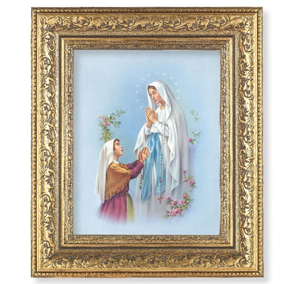 Our Lady of Lourdes Picture, 12-1/2"x14-1/2, Antique Gold Leaf Carvings Ornate Frame, Italian Print Under Glass # 25471