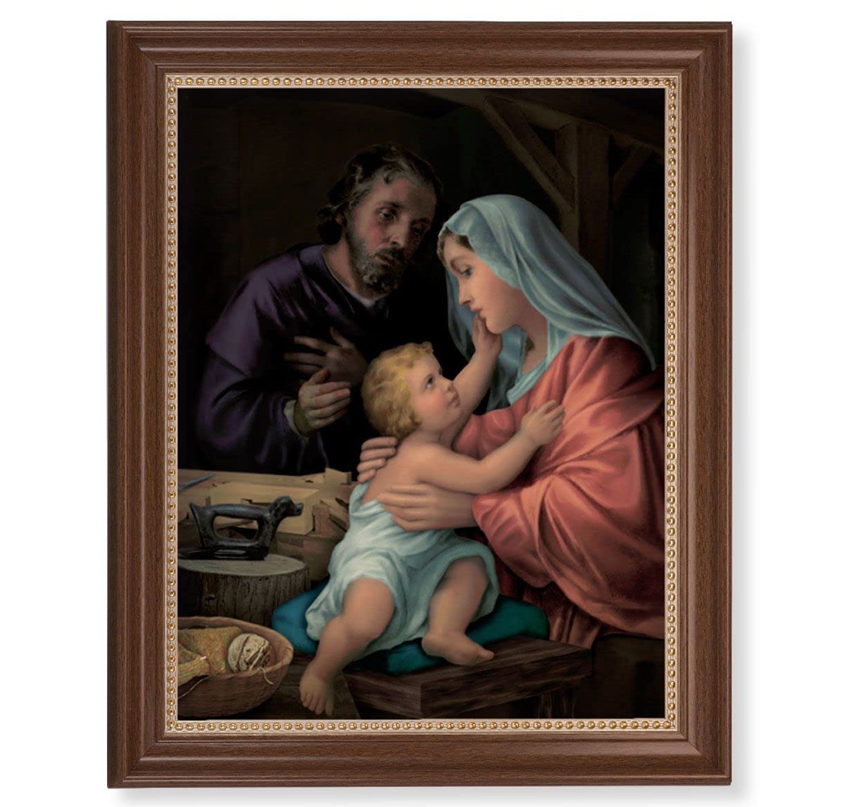 Holy Family Picture, 13-1/2"x16-9/16 Walnut Finish Frame with Gold Beaded Lip, Textured Italian Print # 22351