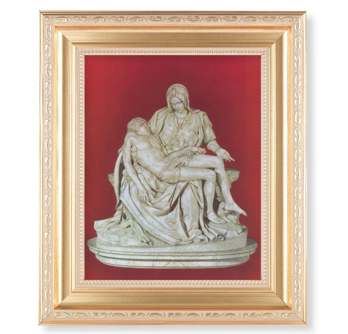The Pieta Picture, 11.5"x13.5" Satin Gold Frame, Distressed Finish with Scrollwork, Italian Print Under Glass # 26541