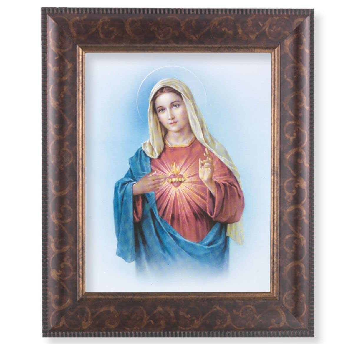 Immaculate Heart of Mary Picture, 11-1/4"x13-1/4, Antique Gold & Espresso Frame, Italian Print Under Glass # 25820