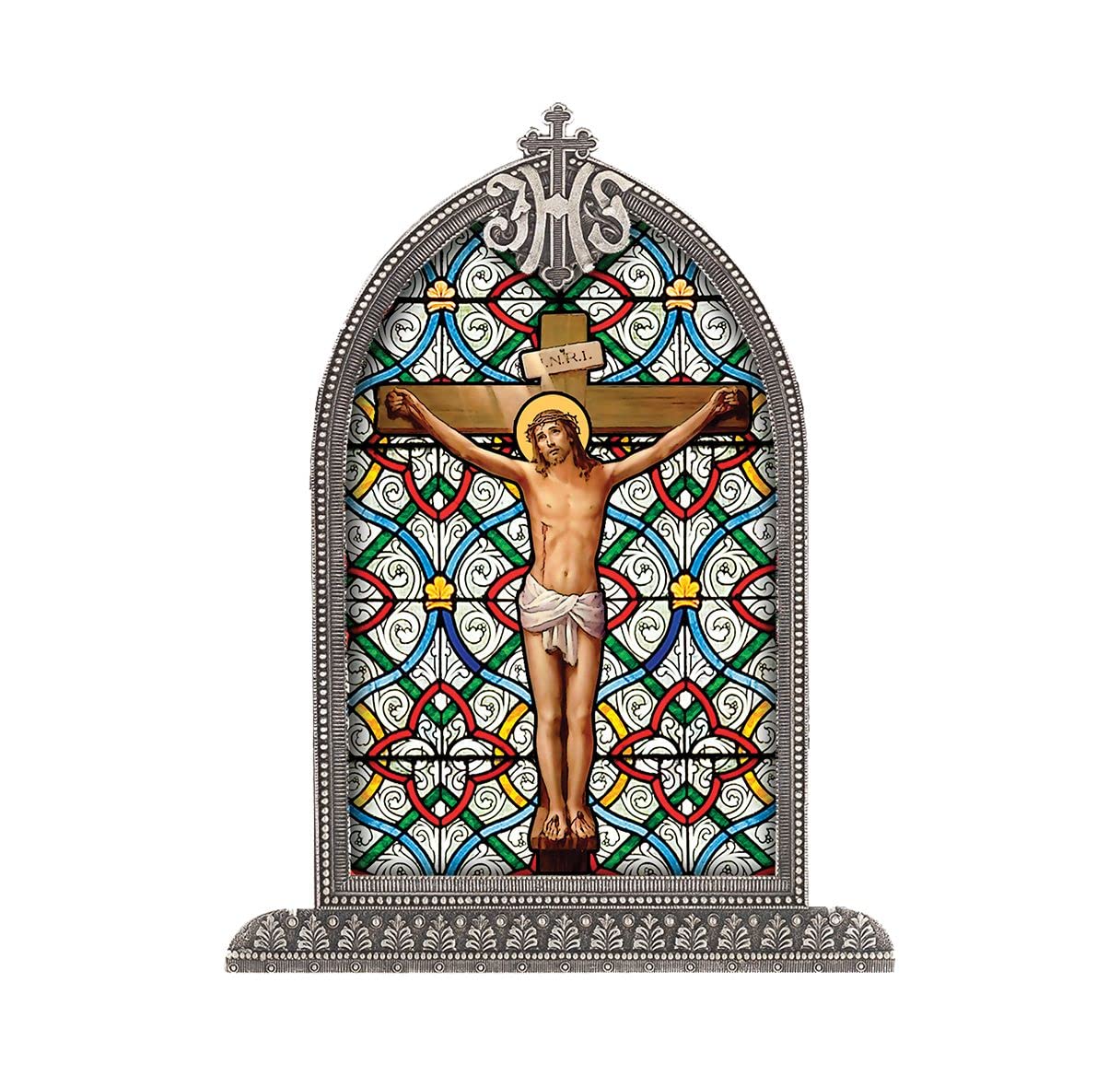 Crucifixion Textured Italian Art Glass in Arched Frame, 6.5", # 1391