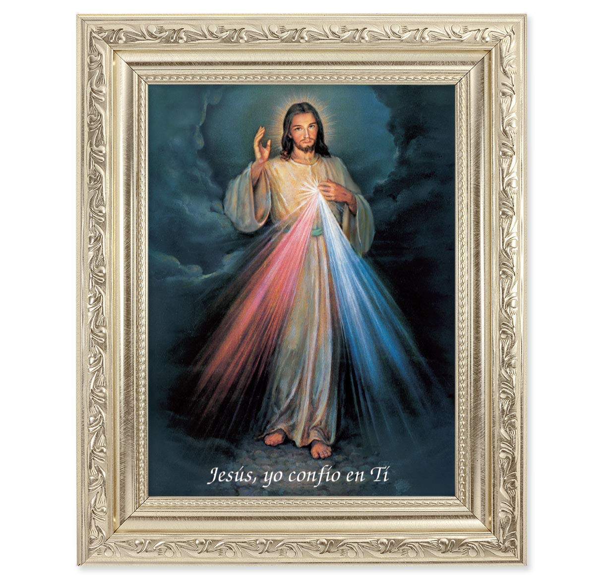 Spansh Divine Mercy Picture, 8-1/4"x10-1/4 Antique Silver Finish with Acanthus Leaf Detail Under Glass # 27868