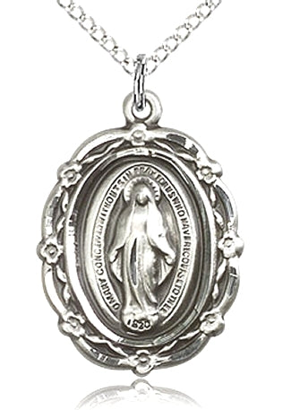 Floral Border Miraculous Medal 13/16" Sterling Silver, Your Choice of Chain # 8929
