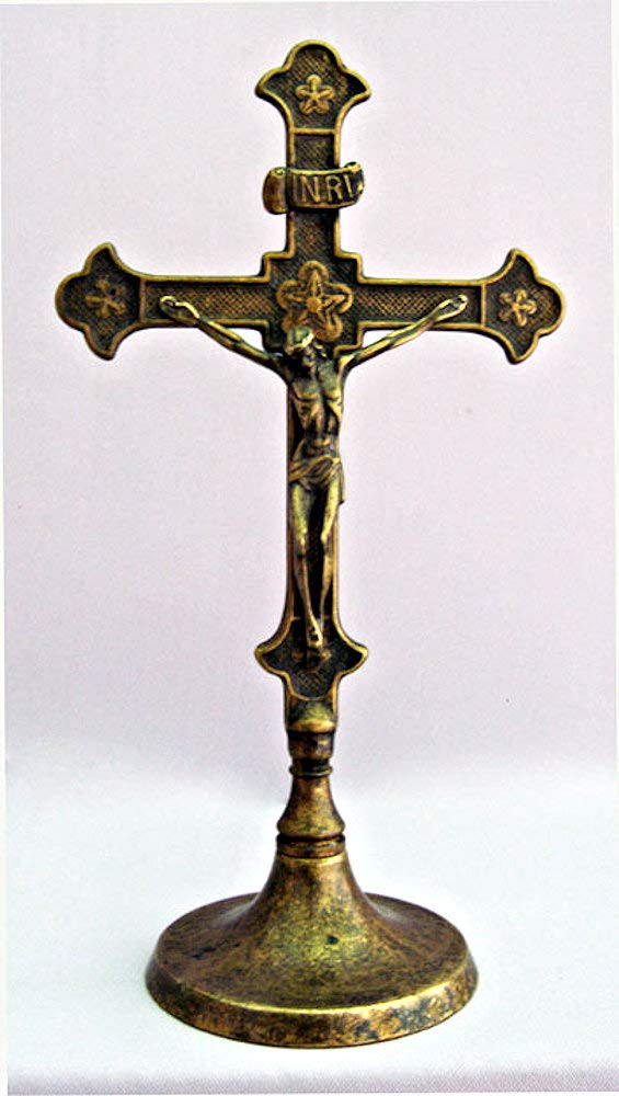 11.5" Standing Brass Crucifix, Round Base, Made in Italy, Antique finish, 96328