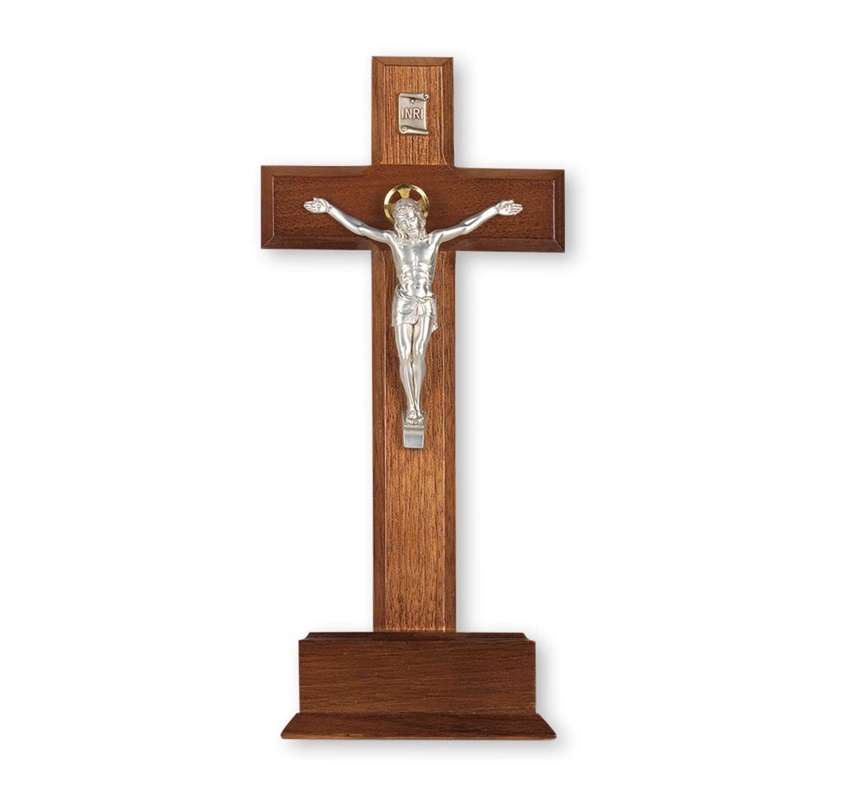 10" Standing Walnut Cross on Base with Silver Plated "Salerni" Corpus, # 1335