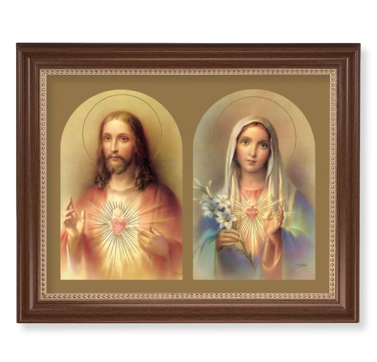 The Sacred Hearts Picture, 13-1/2"x16-9/16 Walnut Finish Frame with Gold Beaded Lip, Textured Italian Print # 22260