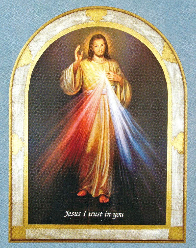 Divine Mercy Florentine Plaque, Bell Shaped, white and gold border, "Jesus, I Trust in You!", 23" x 31". Made in Italy., 96267