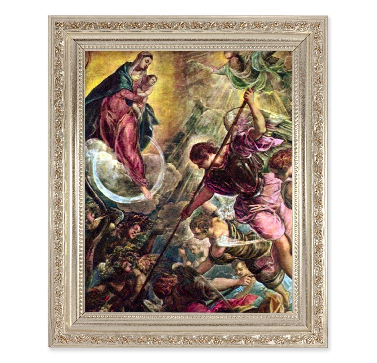 The Battle of Archangel Michael, 10"x12" Antique Silver & Carved Scrollwork Frame, Italian Print Under Glass # 26890