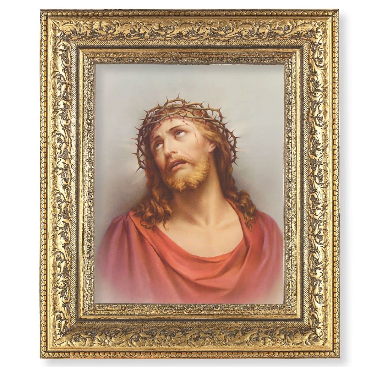 Christ in Agony Picture, 12-1/2"x14-1/2, Antique Gold Leaf Carvings Ornate Frame, Italian Print Under Glass # 25430