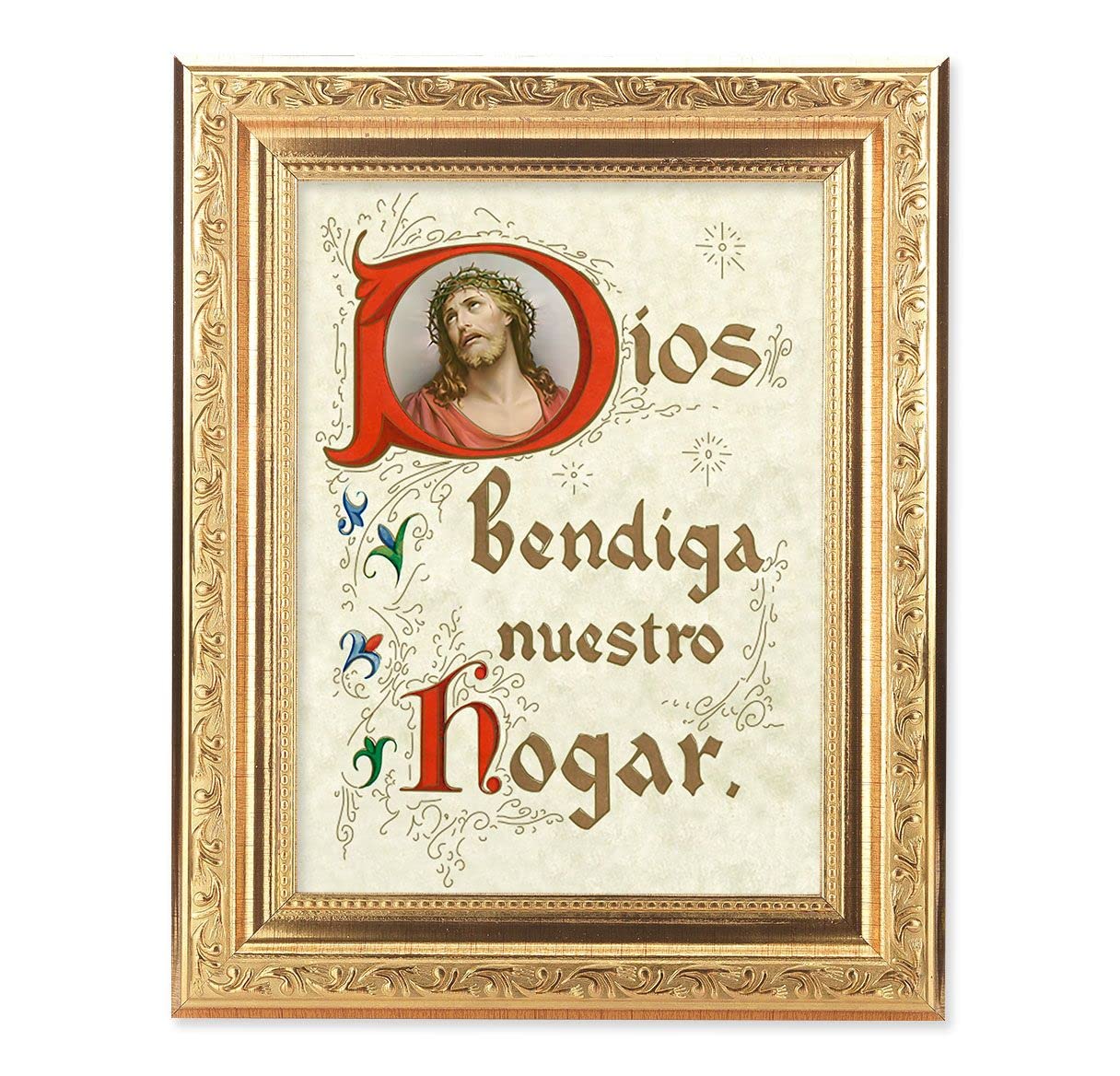 Spanish God Bless Our Home Picture, 8-1/4"x10-1/4 Gold-Leaf Finish Acanthus Leaf Detail Under Glass # 27744