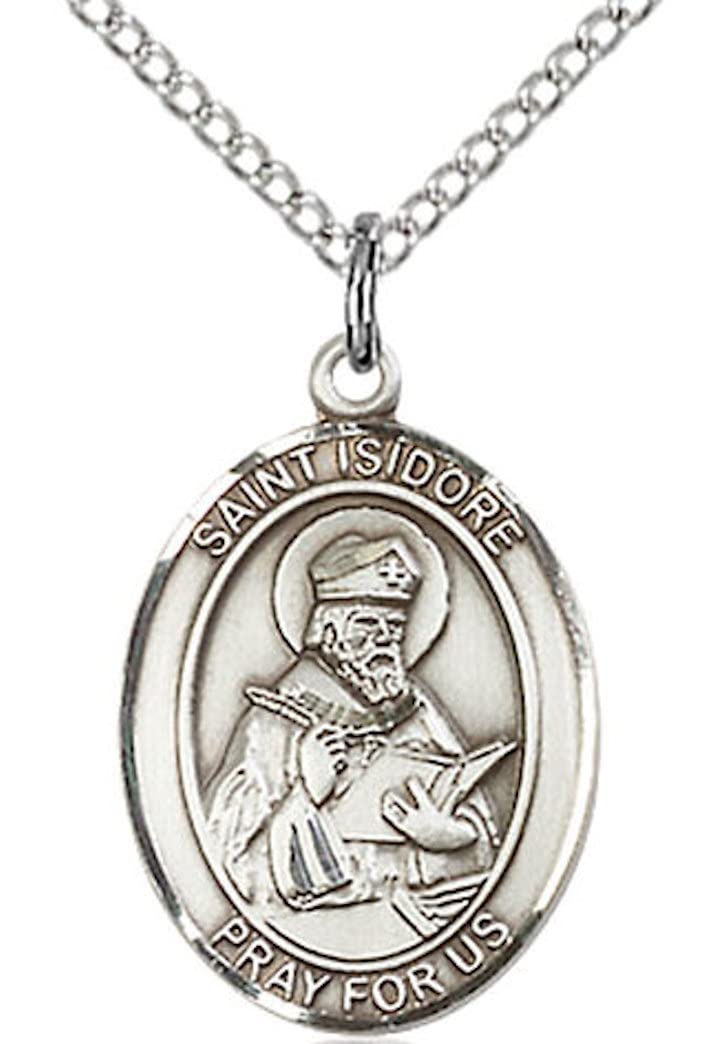 St. Isidore of Seville Medal in Fine Pewter, 3/4" tall, Your Choice of Chain # 17067