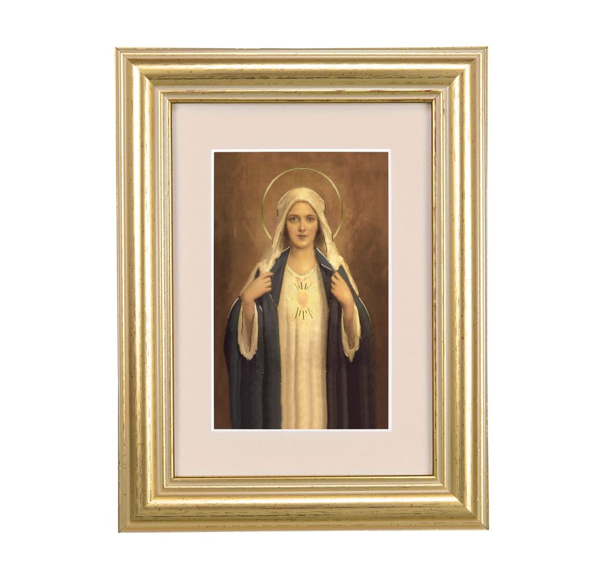 Immaculate Heart of Mary Picture, 5"x6.5" Antique Gold Fluted Frame, Behind Cream Velvet Matting # 28231
