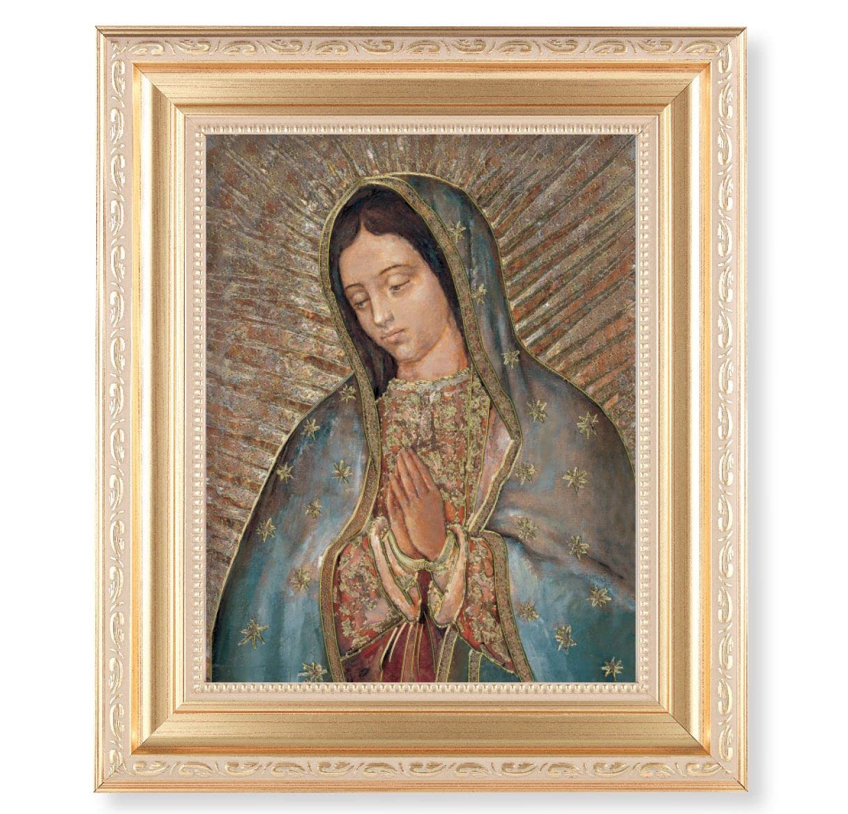 Our Lady of Guadalupe, 11.5"x13.5" Satin Gold Frame, Distressed Finish with Scrollwork, Gold-Stamped Print Under Glass # 26563