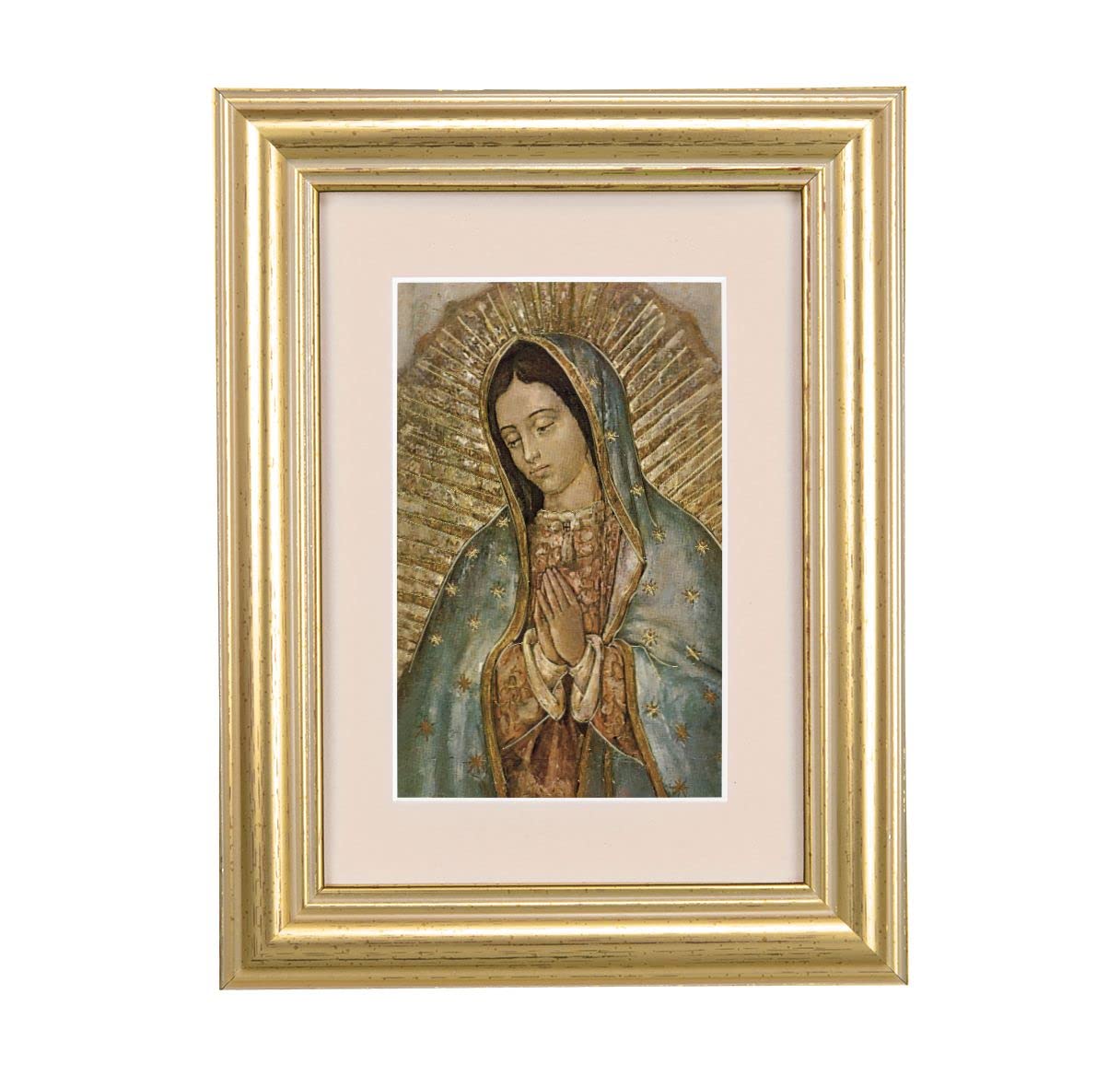 Our Lady of Guadalupe Picture, 5"x6.5" Antique Gold Fluted Frame, Behind Cream Velvet Matting # 28233