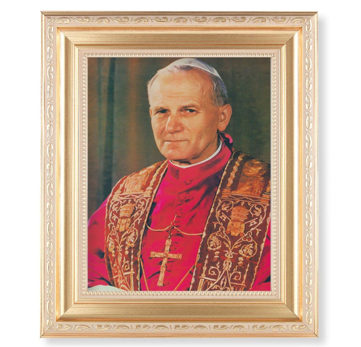 Pope John Paul II, 11.5"x13.5" Satin Gold Frame, Distressed Finish with Scrollwork, Italian Print Under Glass # 26528