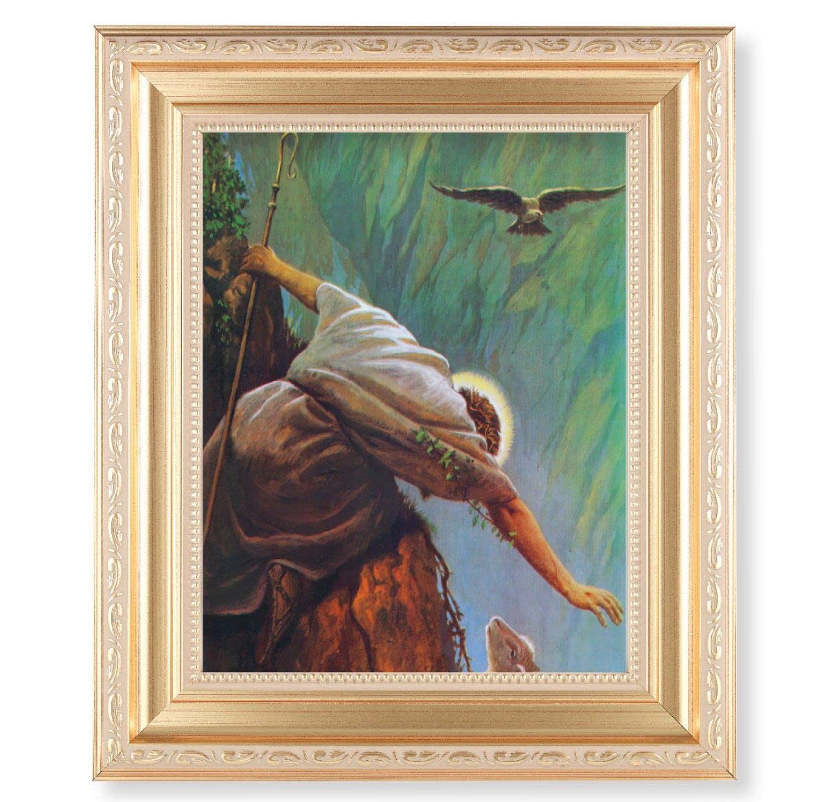 Hook: The Lost Sheep Picture, 11.5"x13.5" Satin Gold Frame, Distressed Finish with Scrollwork, Italian Print Under Glass # 26552