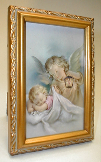 Antique Gold Frame, 5.75"x7.25" overall, Under Glass, Guardian Angel & Baby, # 90812