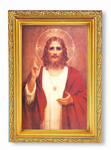 Antique Gold Frame, 5.75"x7.25" overall, Under Glass, Sacred Heart of Jesus, # 90818