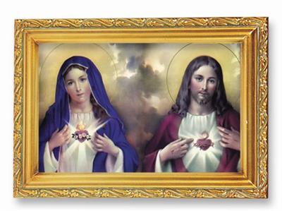 Antique Gold Frame, 5.75"x7.25" overall, Under Glass, Sacred Heart & Immaculate Heart, # 90820