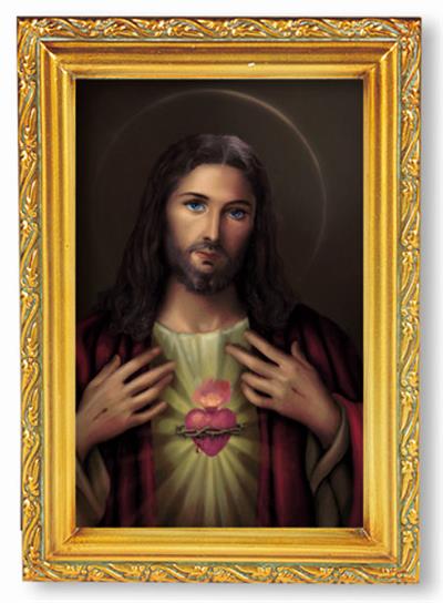 Antique Gold Frame, 5.75"x7.25" overall, Under Glass, Sacred Heart, # 90822