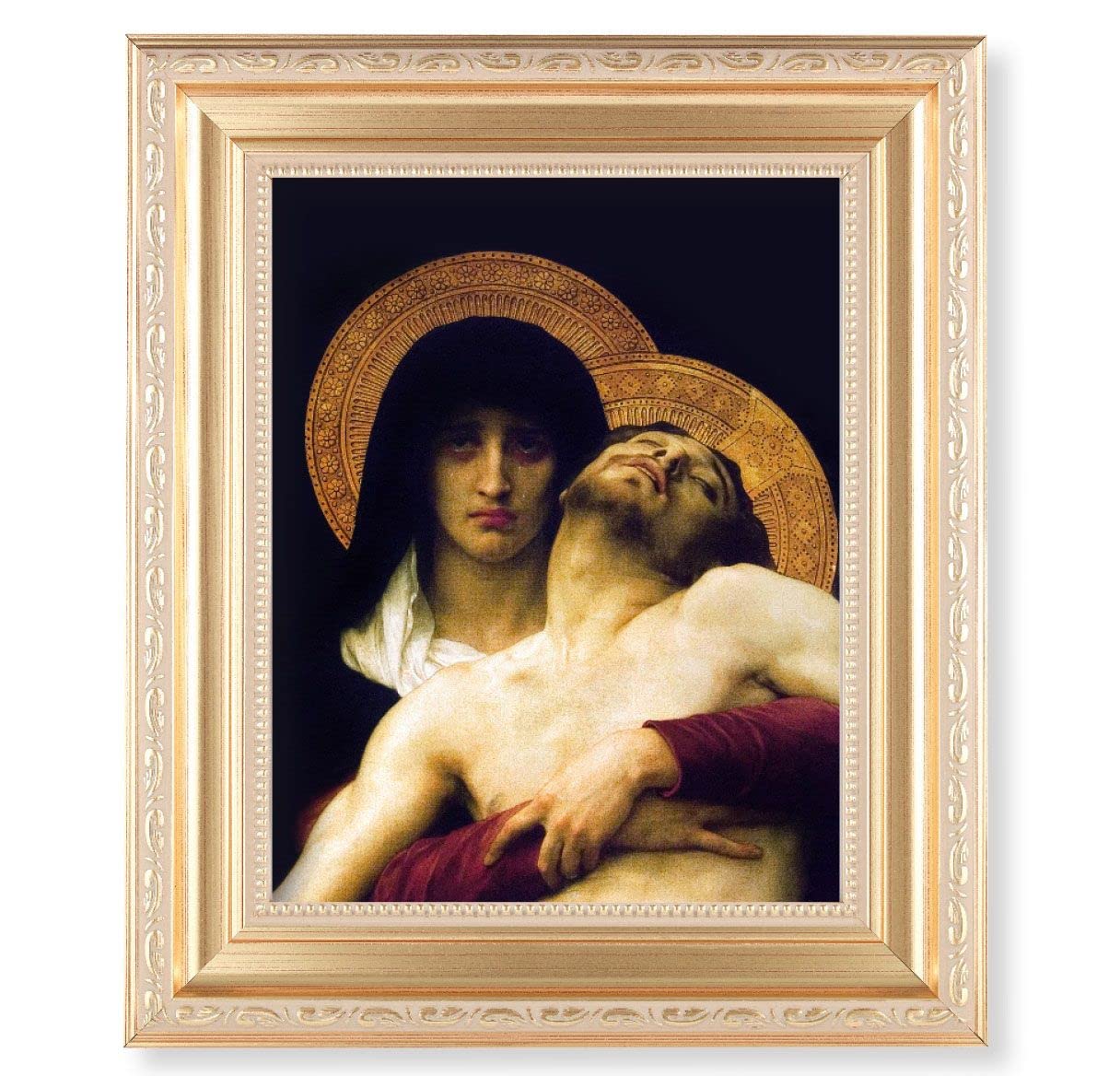 Bouguereau: Pieta, 11.5"x13.5" Satin Gold Frame, Distressed Finish with Scrollwork, Italian Print Under Glass # 26508