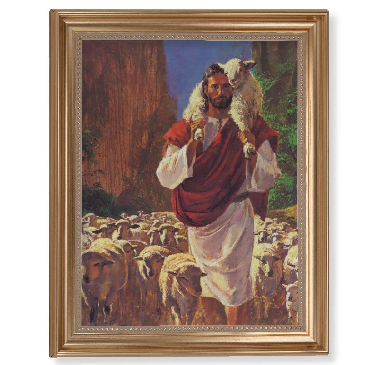 Hook: The Good Shepherd Picture, 13-1/2"x16-9/16 Gold-Leaf Fluted Frame with Beaded Lip, Textured Italian Print # 25266