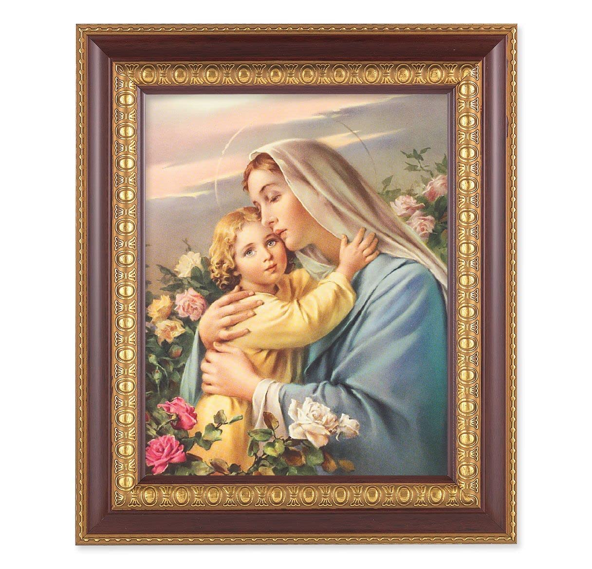 Madonna and Child, 11-1/2"x13-1/2, Cherry Finish with Gold Egg & Dart Frame, Italian Print Under Glass # 26014
