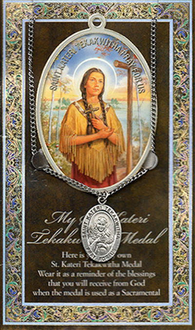 15/16" Pewter Medal with Folding Prayer Card, St. Kateri Tekakwitha, # 93139