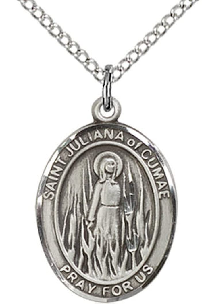 St. Juliana of Cumae Medal in Fine Pewter, 3/4" tall, Your Choice of Chain # 17112