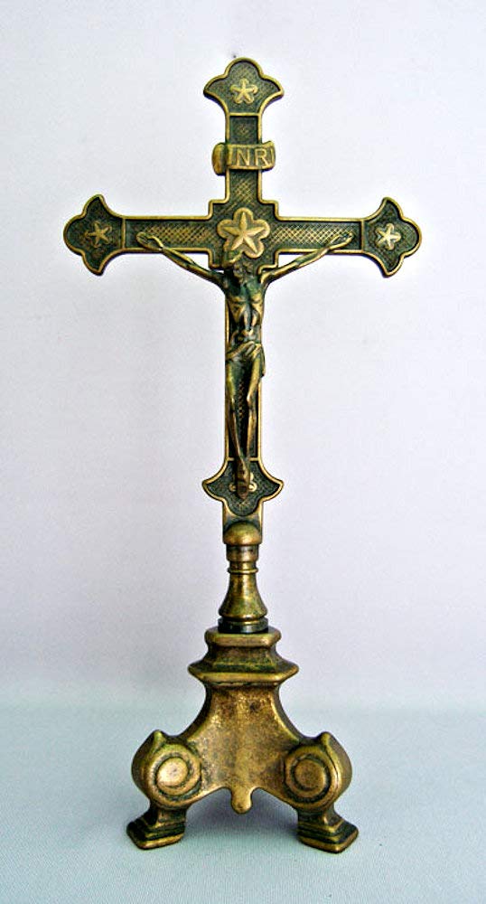 13" Standing Antique Brass Crucifix, Made in Italy, # 7364