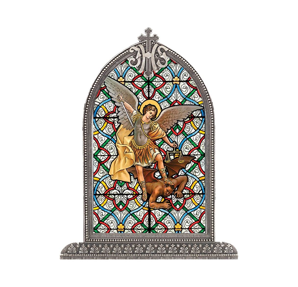 St. Michael Textured Italian Art Glass in Arched Frame, 6.5", # 1410