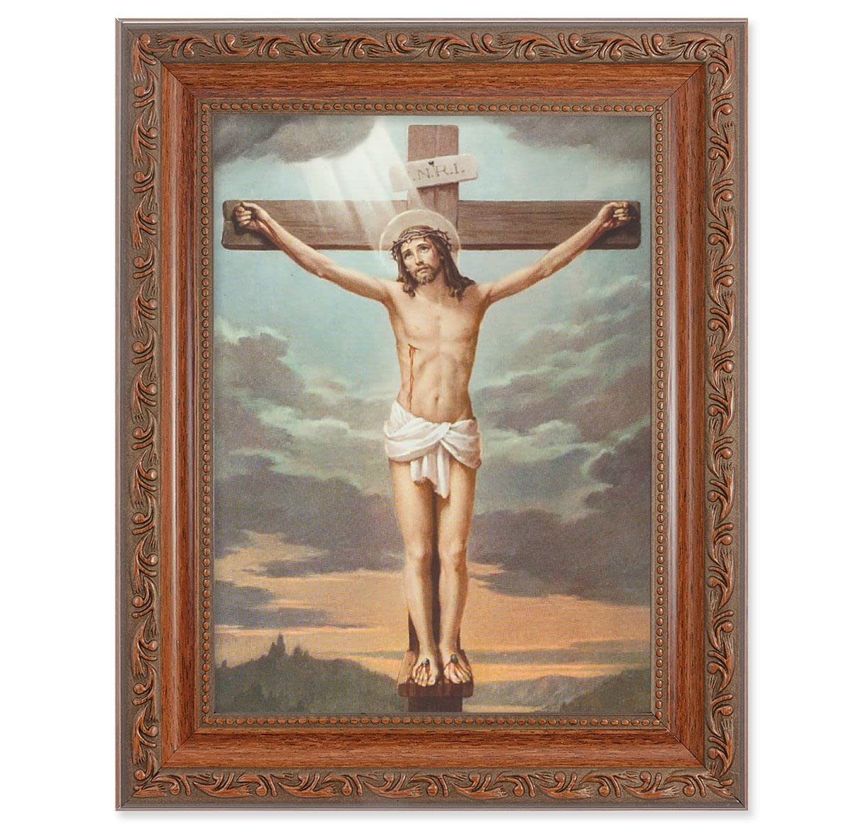 Crucifixion Picture, 8-1/4"x10-1/4 Mahogany Finish with Acanthus Leaf Detail Under Glass # 27787