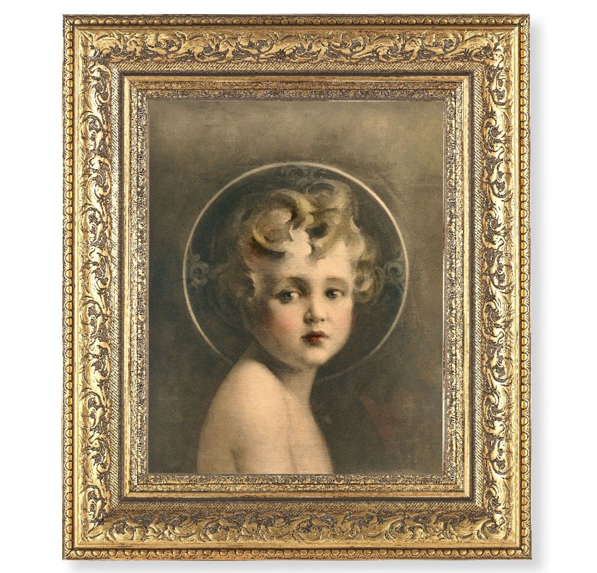 Light of The World Picture, 12-1/2"x14-1/2, Antique Gold Leaf Carvings Ornate Frame, Italian Print Under Glass # 25440