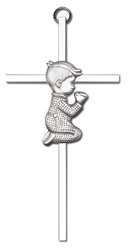 6" Praying Boy Cross, Silver Figure on Nickel Plated Cross, # 95163