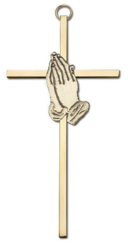 6" Praying Hands Cross, Gold Figure on Polished Brass Cross, # 95225