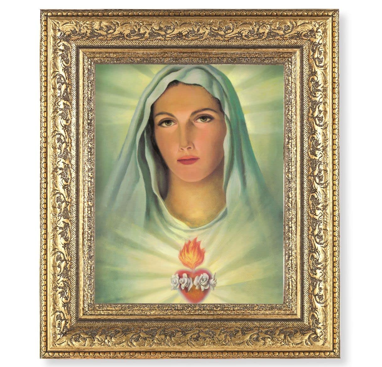 Immaculate Heart of Mary Picture, 12-1/2"x14-1/2, Antique Gold Leaf Carvings Ornate Frame, Italian Print Under Glass # 25493